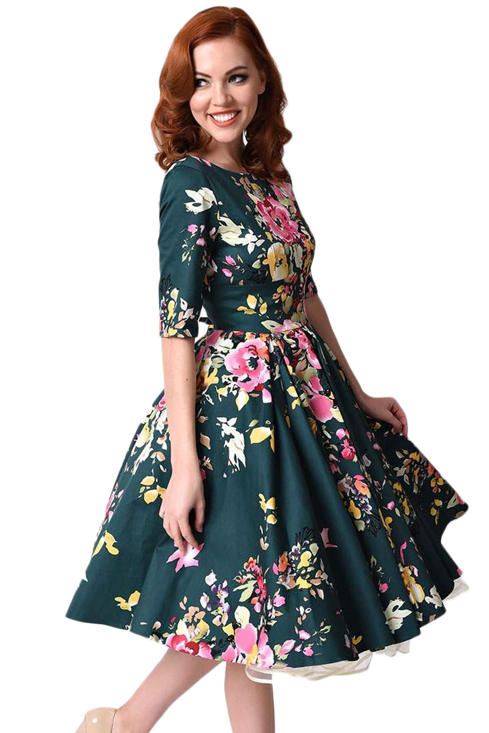 BY61702-9 Jasper Vintage Style Floral Half Sleeve Swing Dress